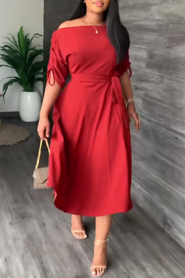 Fashion One-word Neck Waist Loose Swing Slit Casual Dress-yoyobikini
