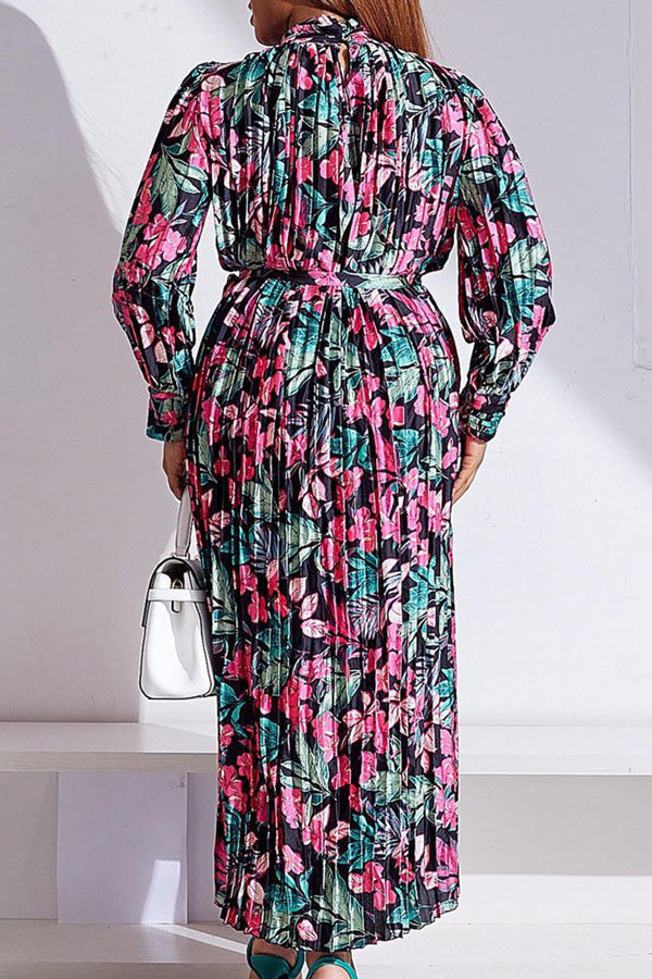 New Long Sleeve Printed Pleated Tie Turtleneck Dress-yoyobikini
