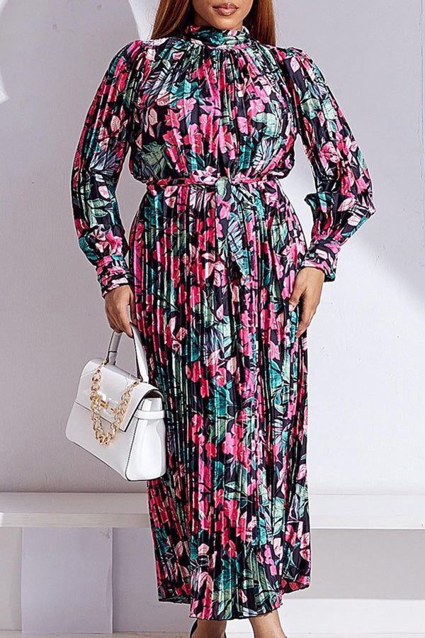 New Long Sleeve Printed Pleated Tie Turtleneck Dress-yoyobikini
