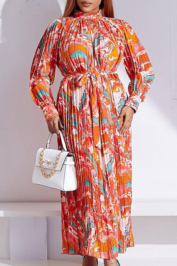 New Long Sleeve Printed Pleated Tie Turtleneck Dress-yoyobikini