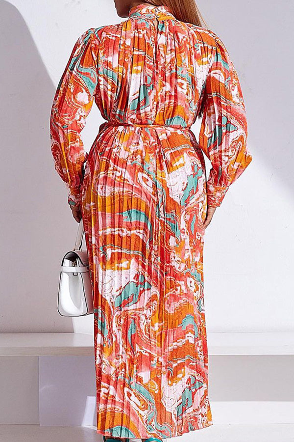 New Long Sleeve Printed Pleated Tie Turtleneck Dress-yoyobikini