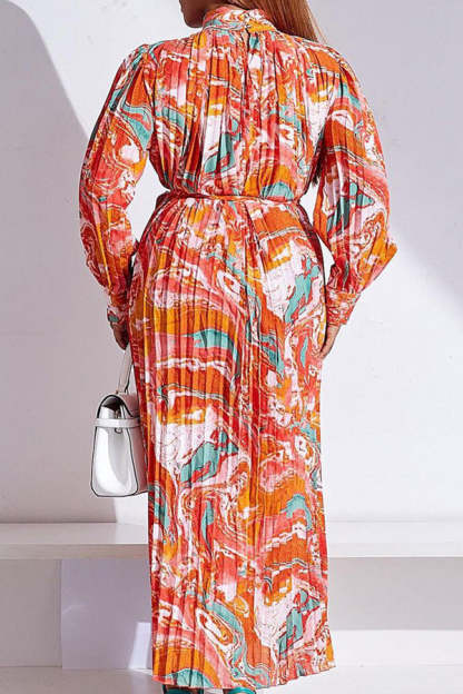 New Long Sleeve Printed Pleated Tie Turtleneck Dress-yoyobikini