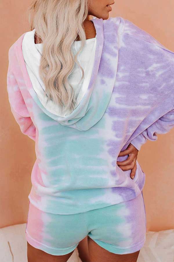 Long Sleeve Tie Dye Hooodie And Shorts Pajamas Set-yoyobikini