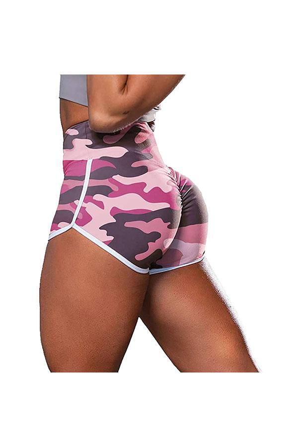 Camouflage Print High Waisted Fitness Workout Shorts For Women Pink-yoyobikini
