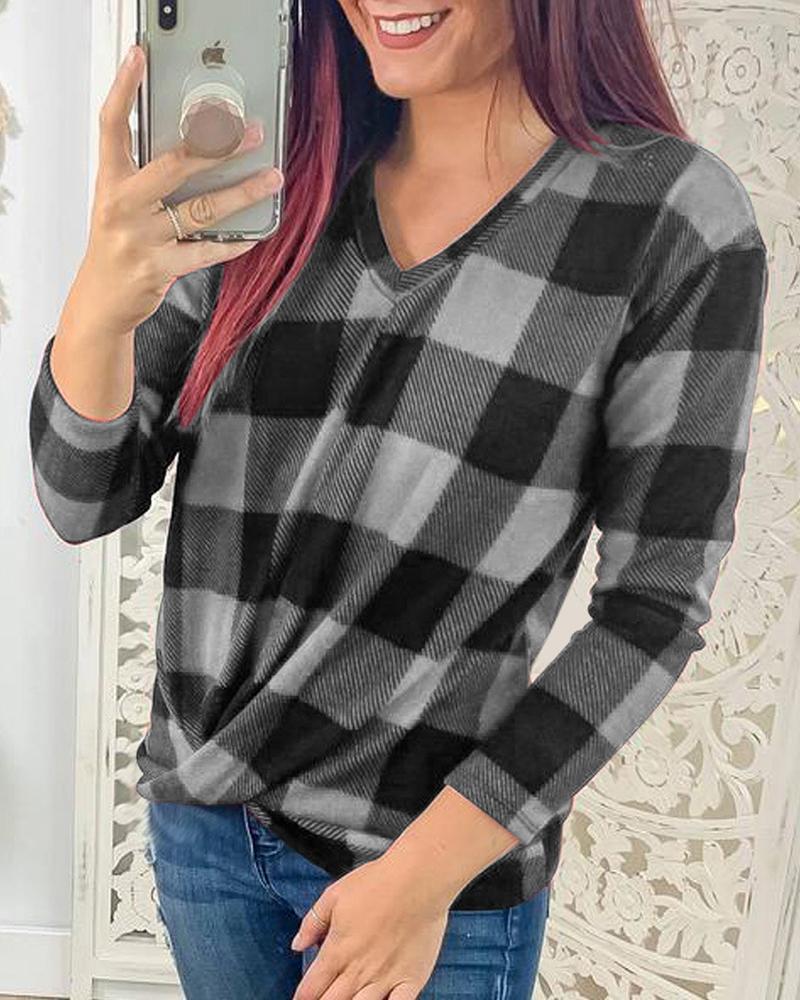 V Neck Long Sleeve Plaid Top-yoyobikini