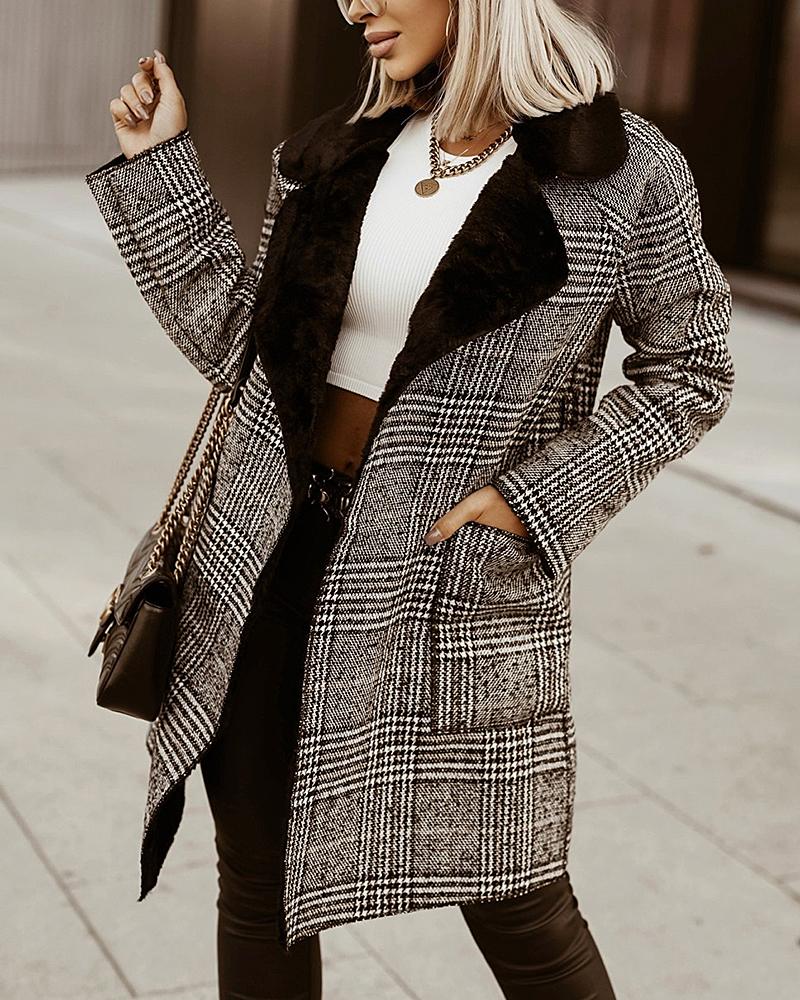 Plaid Sherpa Lined Open Front Dual Pocket Coat-yoyobikini