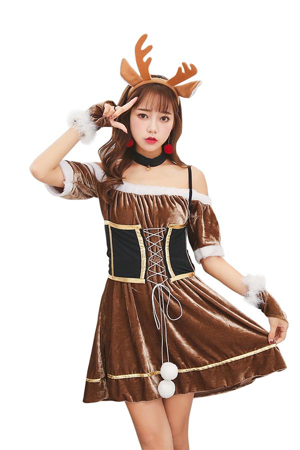 Sexy Off Shoulder Christmas Reindeer Santa Helper Costume Coffee-yoyobikini