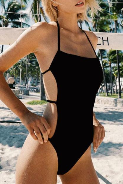 Solid Low Back Strappy Cutout Halter One Piece Swimsuit