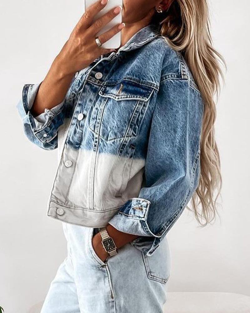 Two Tone Button Front Flap Pocket Denim Jacket-yoyobikini