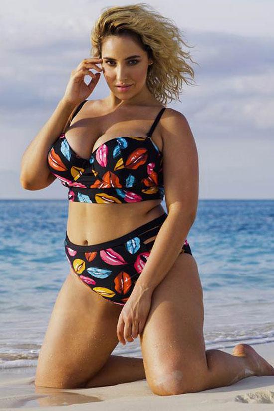 Plus Size Colorful Lips Sweetheart Bandeau Bikini Swimsuit - Two Piece Set-yoyobikini
