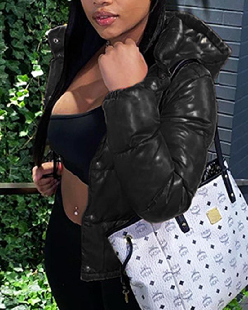 Solid Button Front Hooded Puffer Coat-yoyobikini
