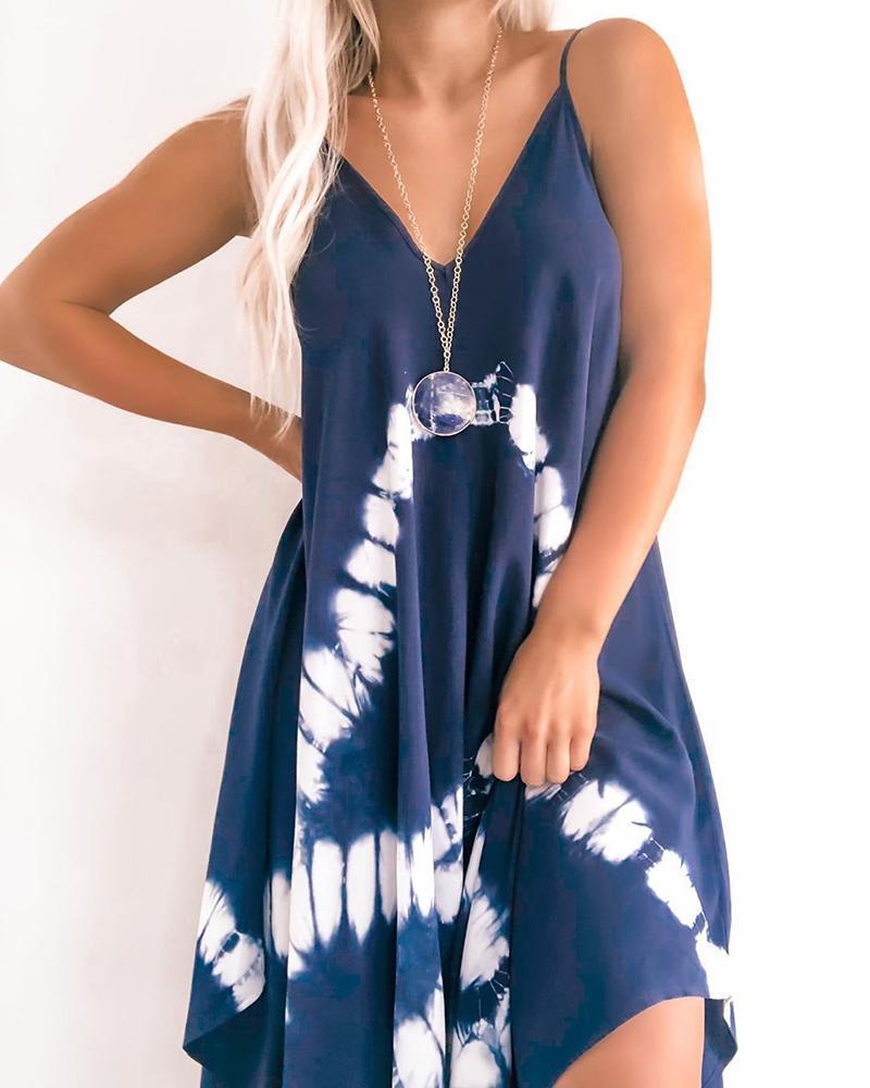 Spaghetti Strap Tie Dye Print Irregular Casual Dress