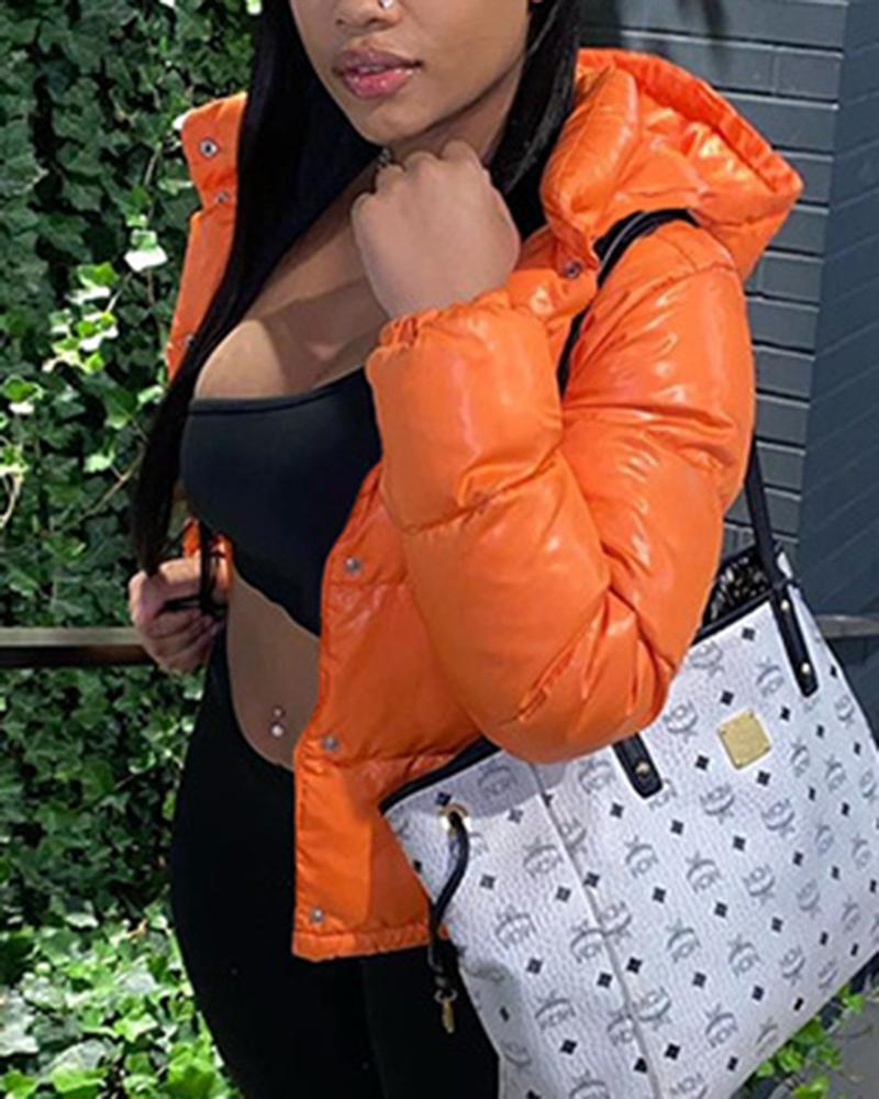 Solid Button Front Hooded Puffer Coat-yoyobikini
