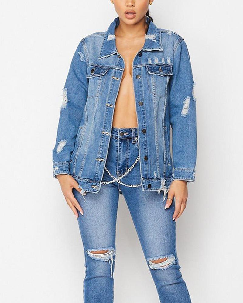 Ripped Button Up Chain Lace Up Hollow Out Back Denim Jacket-yoyobikini