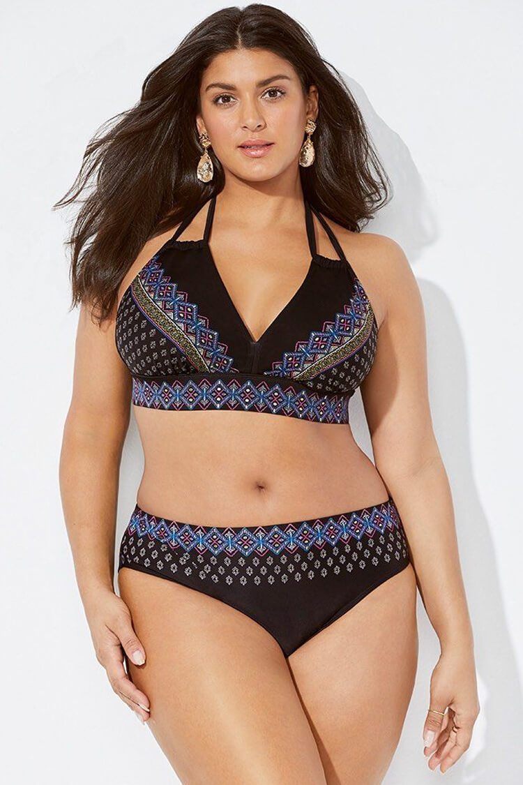 Plus Size Ethnic Print Triangle Halter Bikini Swimsuit - Two Piece Set-yoyobikini