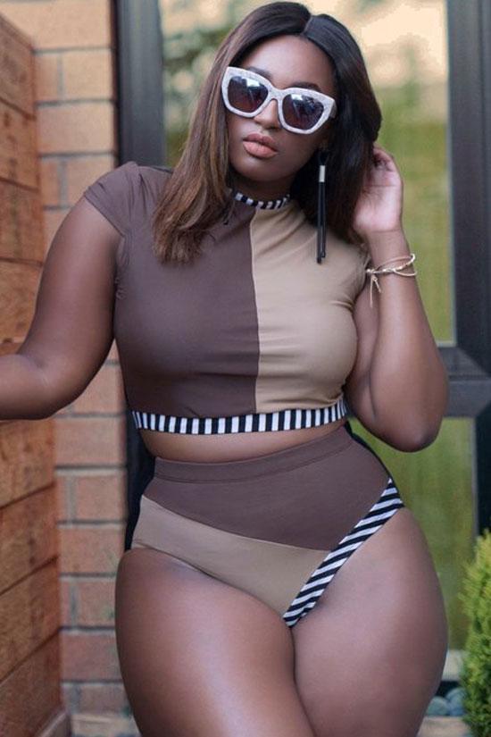 Plus Size High Waist Color Block Sleeved Crop Bikini Swimsuit - Two Piece Set-yoyobikini