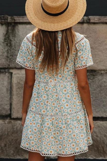 Daisy Floral Sleeved Openwork Beach Babydoll Dress