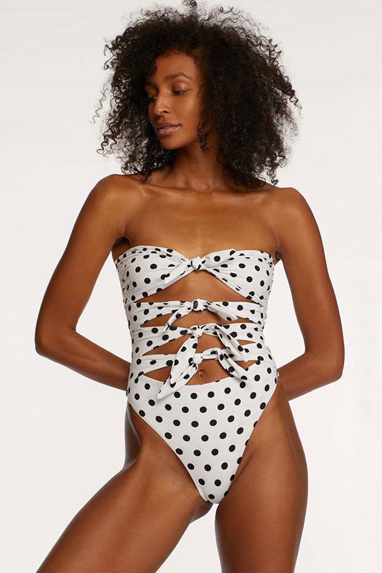 High Leg Knotted Front Cutout Bandeau One Piece Swimsuit