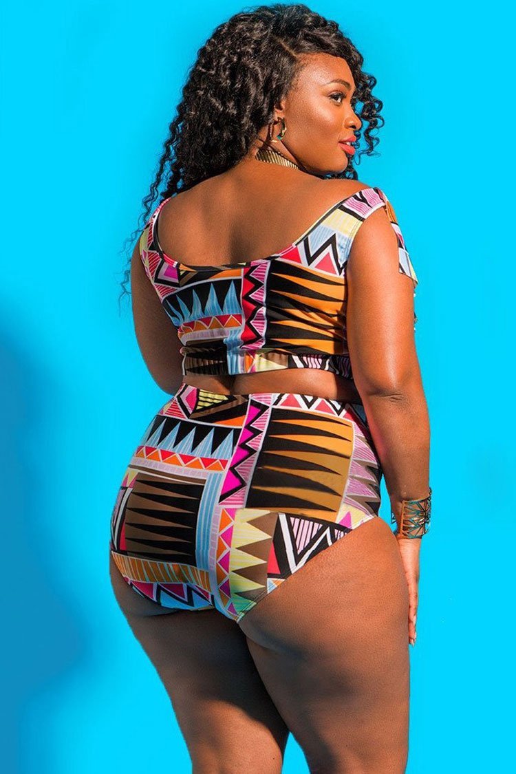 Plus Size Ethnic Geometry Printed Ruffle Bikini Swimsuit - Two Piece Set-yoyobikini