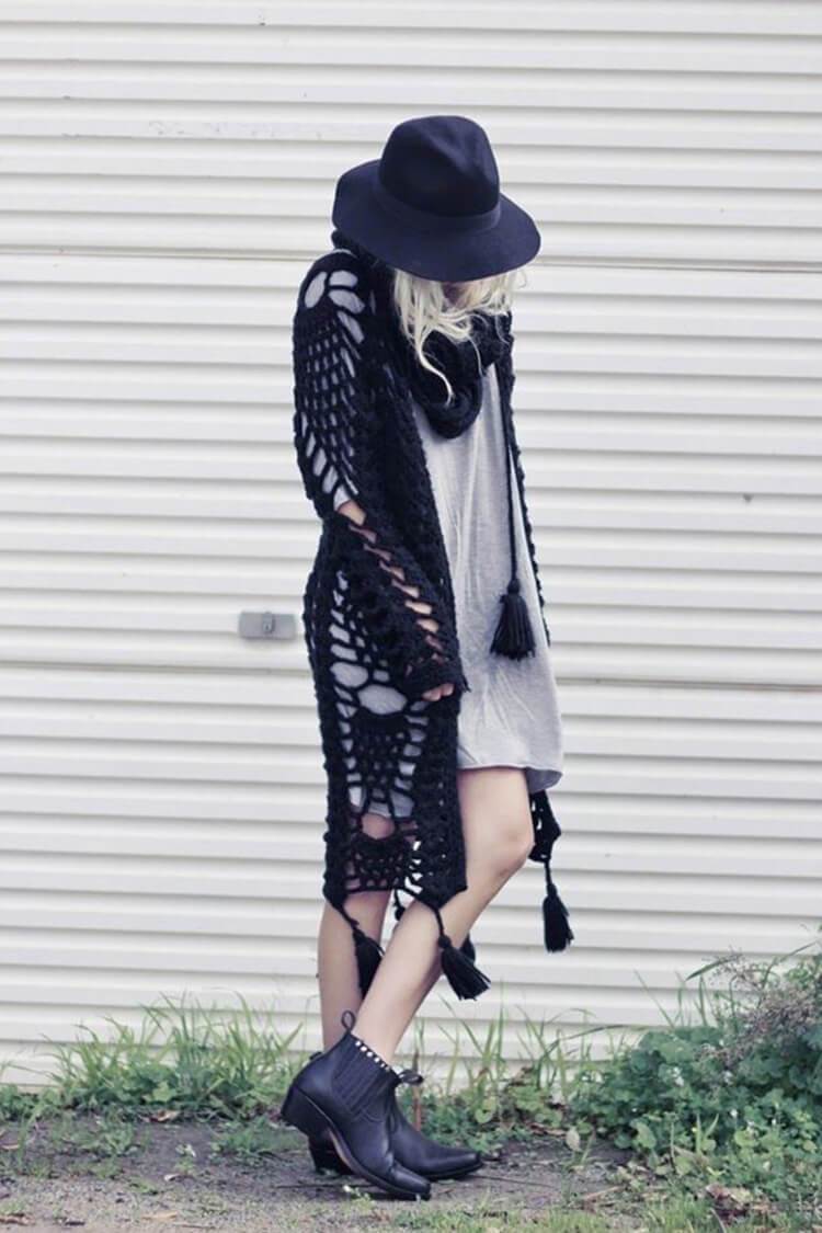 Boho Style Fringe Long Sleeve Crochet Cover Up-yoyobikini