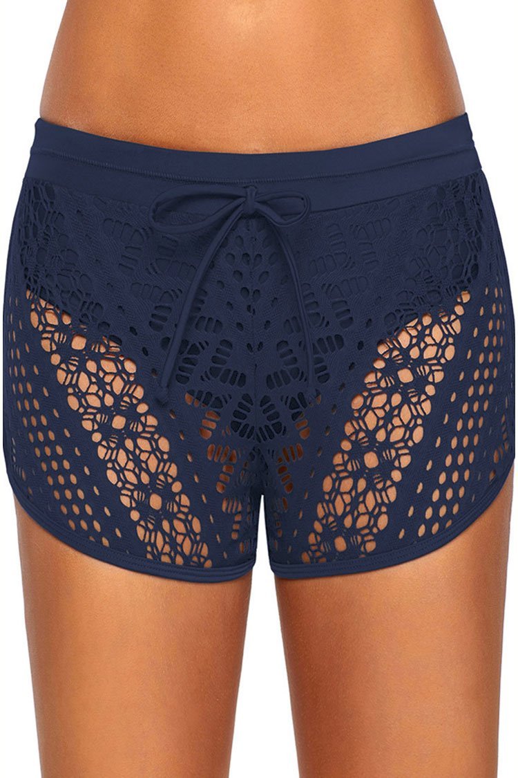 Tied Front Hollow Out Lace Overlay Boyshort Bikini Bottom-yoyobikini