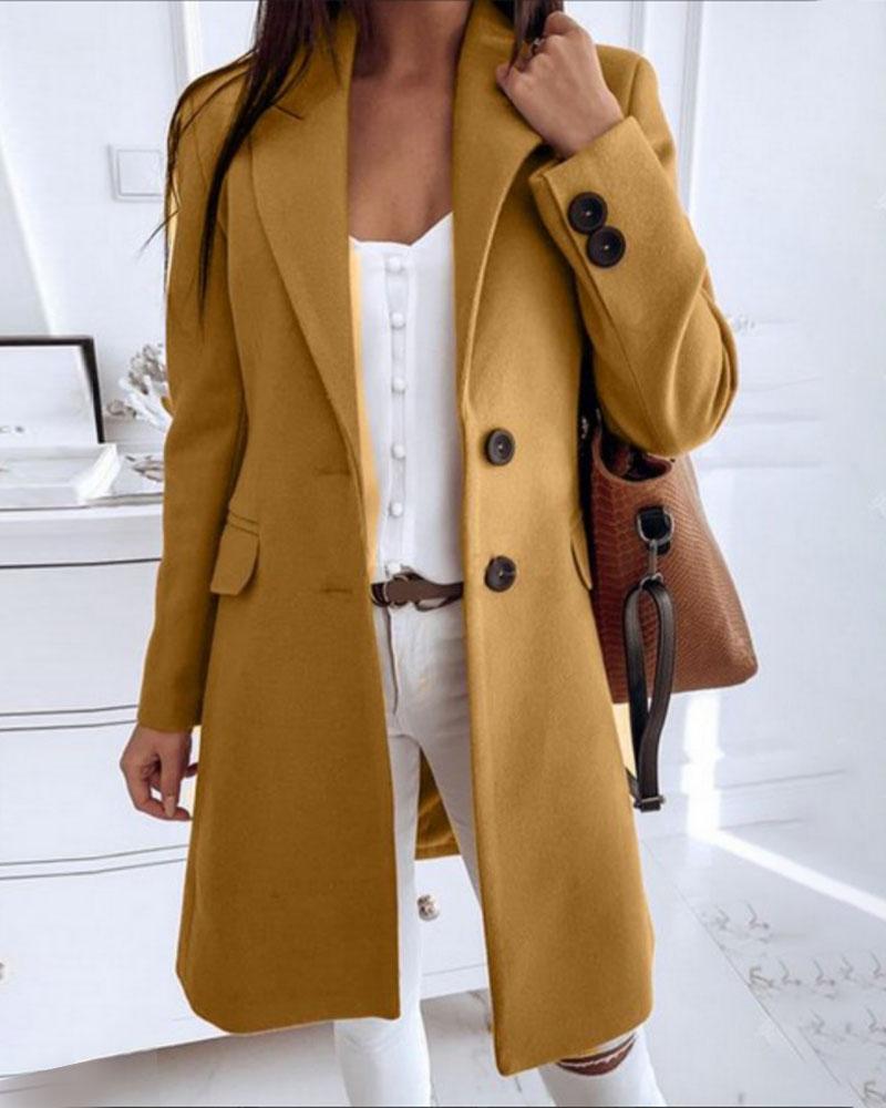 Double Breasted Pocket Detail Lapel Neck Knee Length Coat-yoyobikini