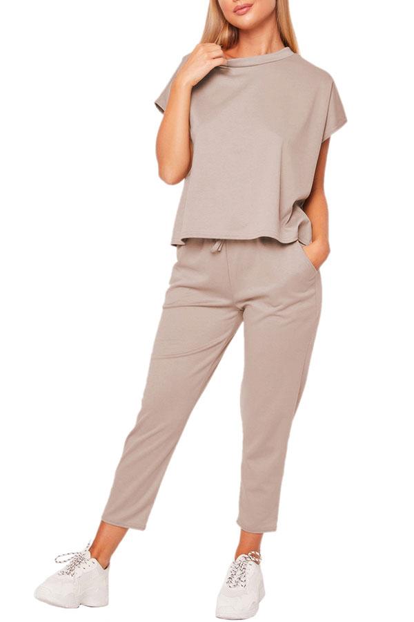 Solid Short Sleeve Tee Pocket Capri Sports Set-yoyobikini