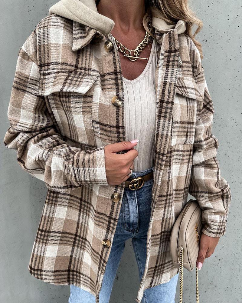 Plaid Print Button Up Pocket Detail Hooded Coat-yoyobikini