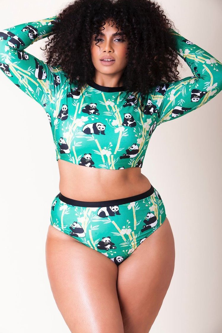 Plus Size Panda High Waist Sleeved Crop Bikini Swimsuit - Two Piece Set-yoyobikini