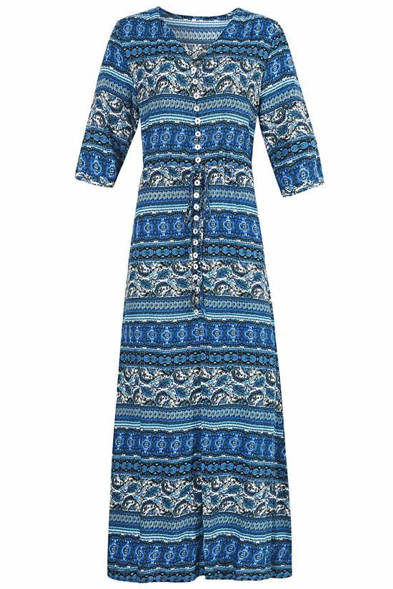 Blue Boho Style Printed Maxi Dress-yoyobikini