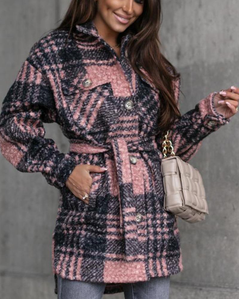 Plaid Print Button Front Belted Split Hem Pocket Detail Coat-yoyobikini