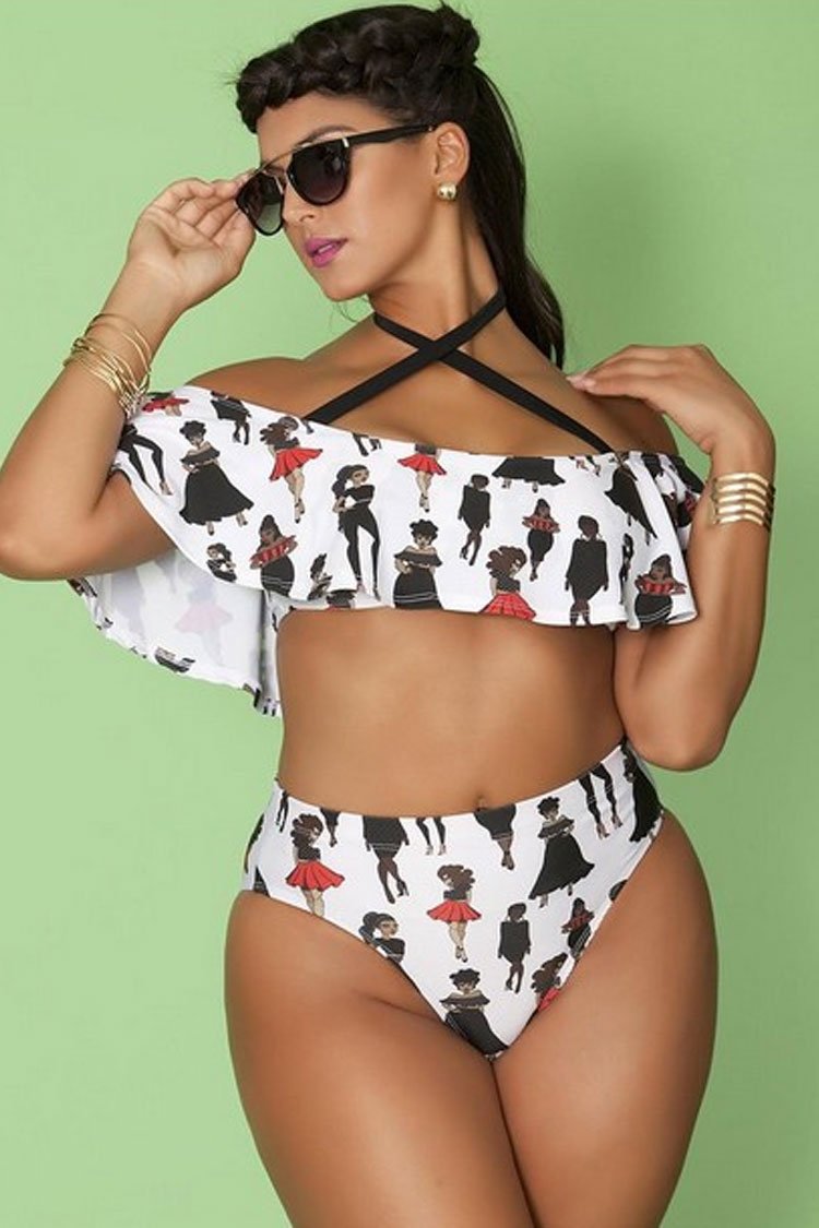 Plus Size Pretty Girl High Waist Halter Ruffle Off Shoulder Bikini Swimsuit - Two Piece Set-yoyobikini