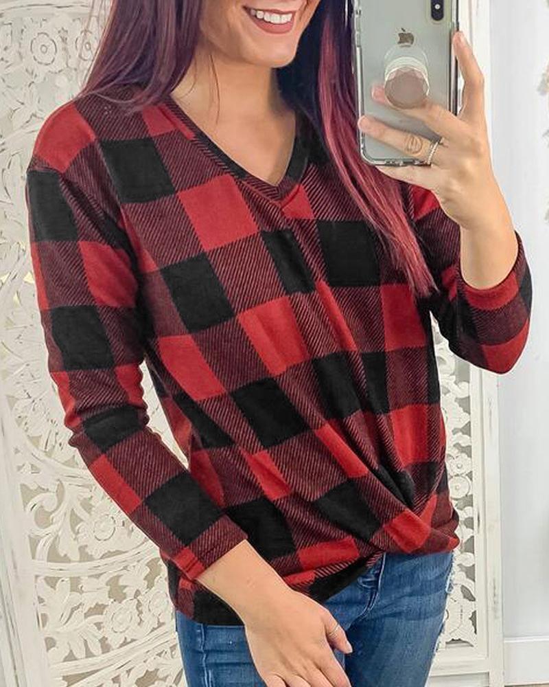 V Neck Long Sleeve Plaid Top-yoyobikini