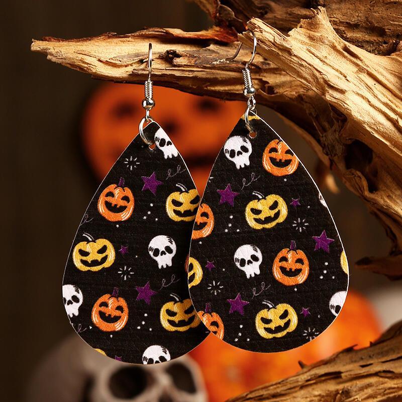 Halloween Pumpkin Skull Star Water Drop Leather Earrings-yoyobikini