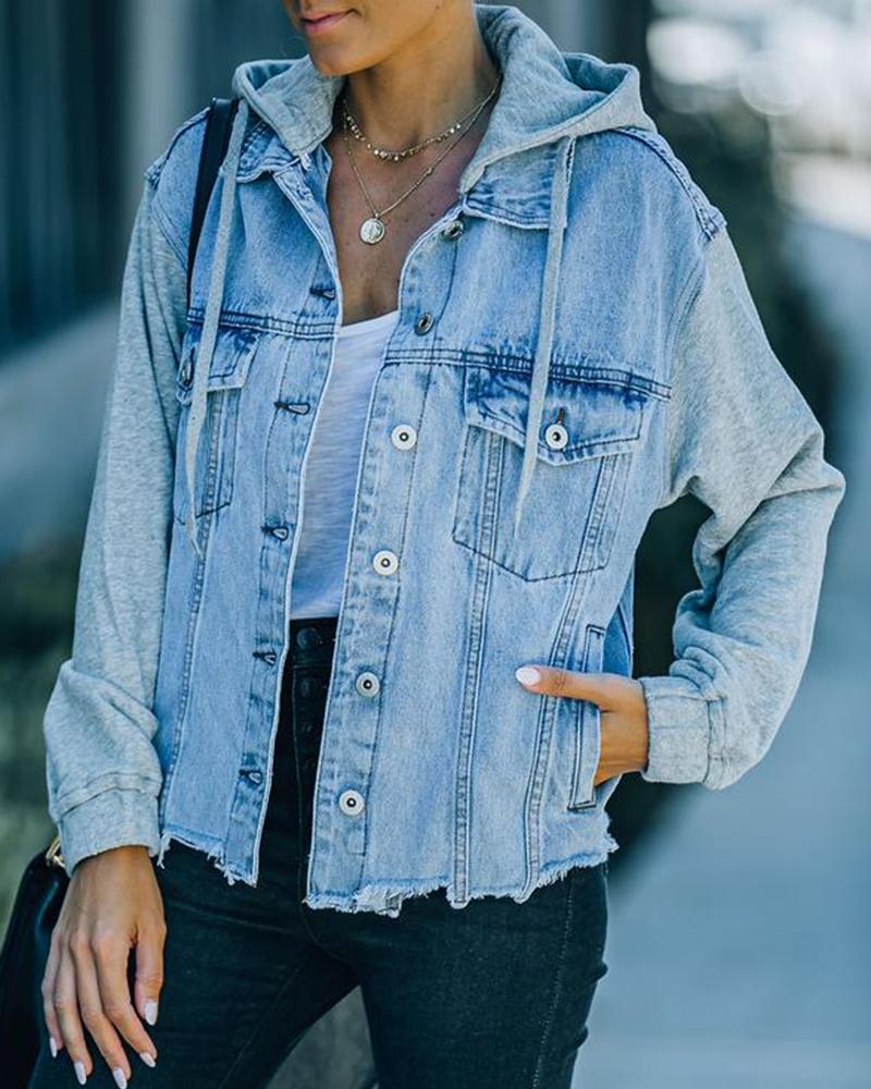 Raw Edge Drawstring Flap Pocket 2 In 1 Hooded Denim Jacket-yoyobikini