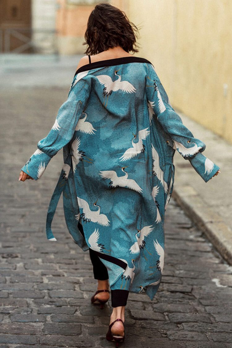Breezy High Slit Crane Printed Belted Beach Cover Up-yoyobikini