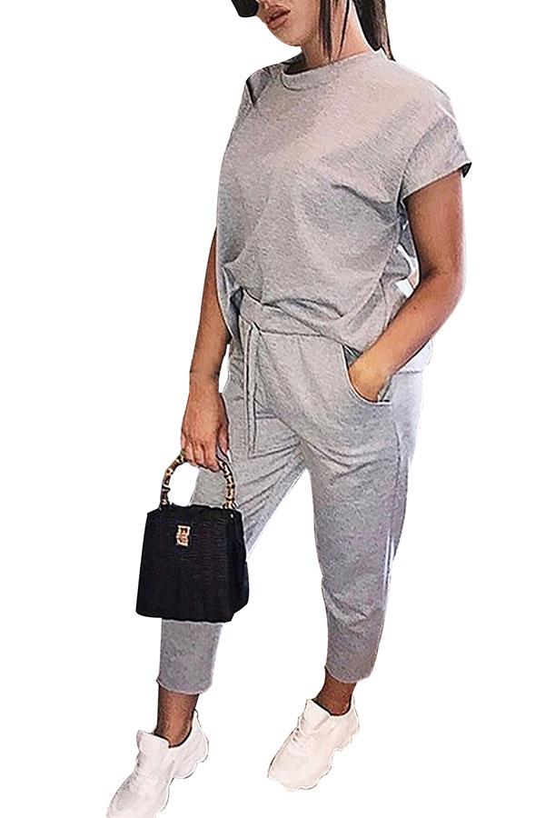 Solid Short Sleeve Tee Pocket Capri Sports Set-yoyobikini