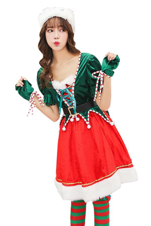 Womens Lace Up Short Sleeve Elf Christmas Dress Santa Help Costume Red-yoyobikini