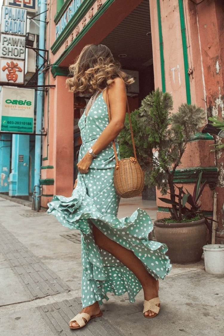 Polka Dot Asymmetric Ruffle Button Down Beach Maxi Dress