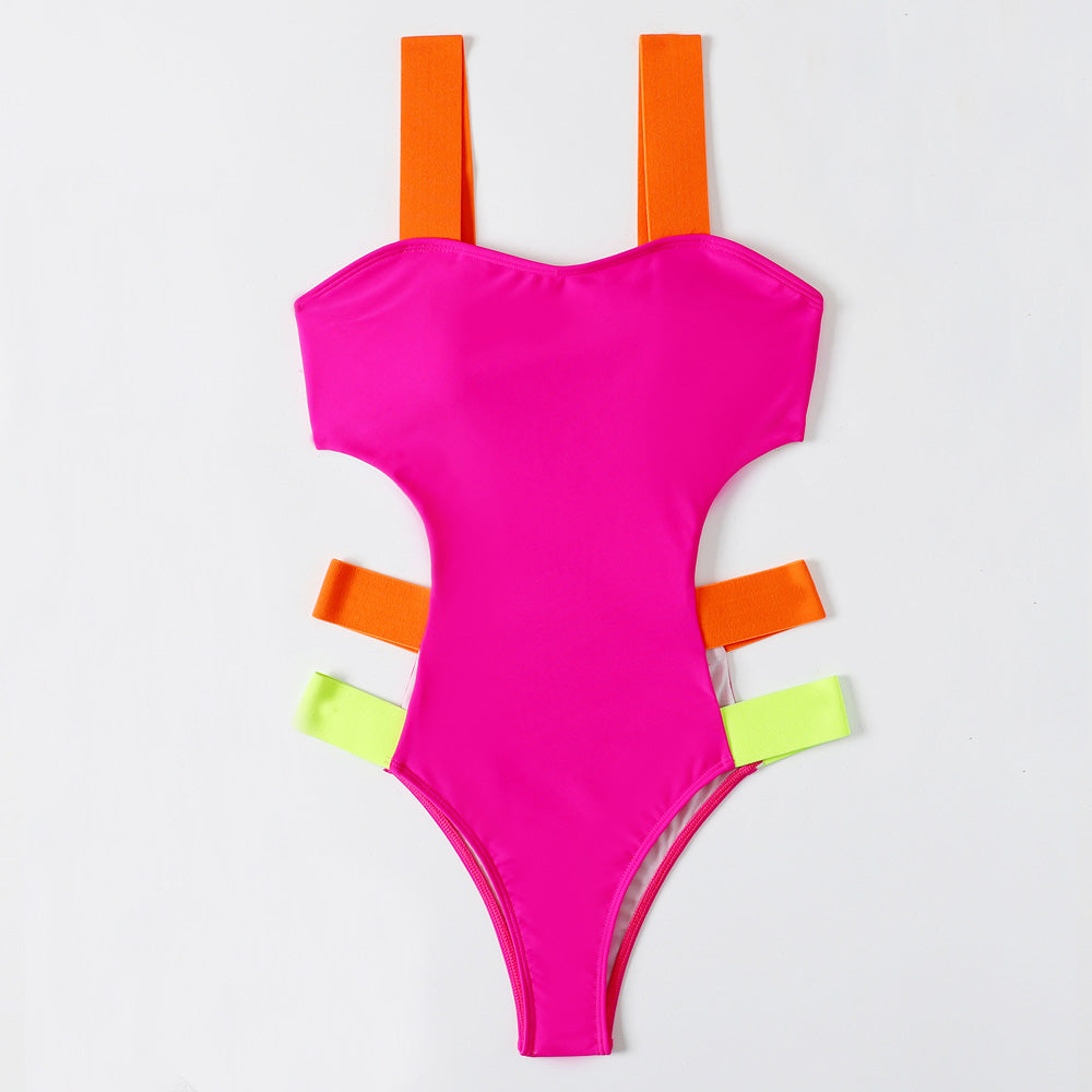 Boho Contrast Panel Strap Cutout Monokini Brazilian One Piece Swimsuit-yoyobikini
