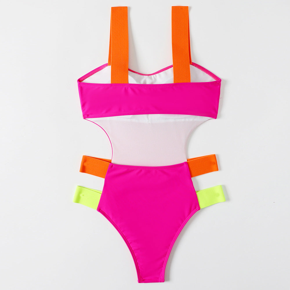 Boho Contrast Panel Strap Cutout Monokini Brazilian One Piece Swimsuit-yoyobikini