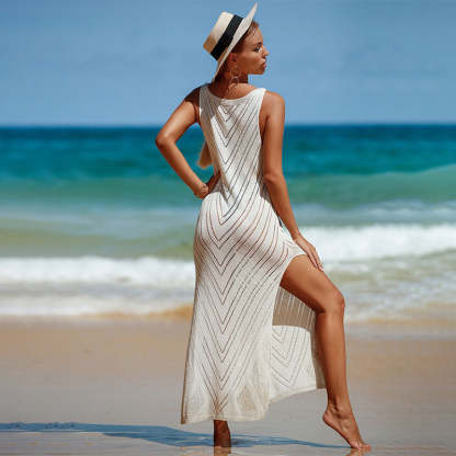 Boho High Split Sleeveless Crochet Chevron Brazilian Maxi Beach Cover Up Dress