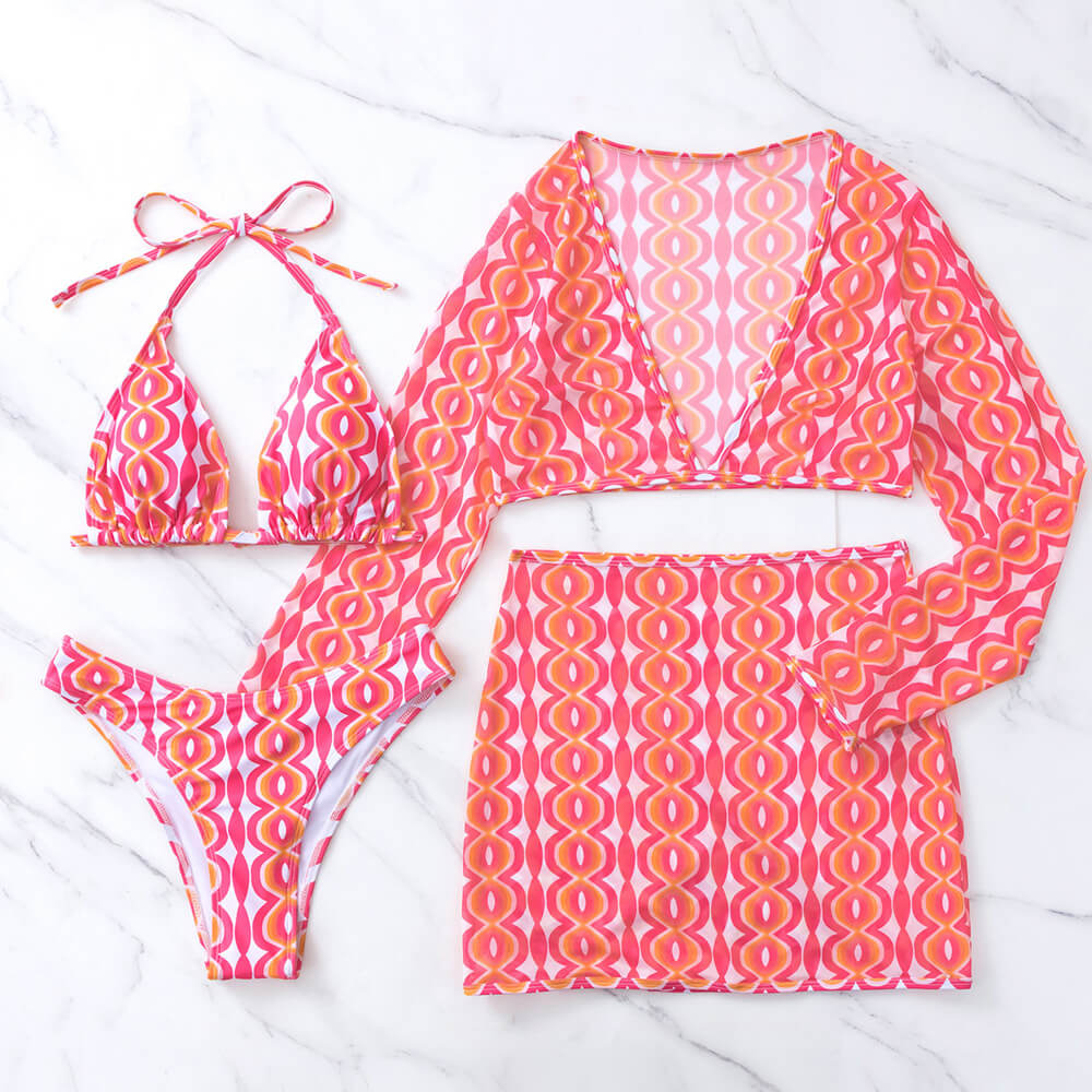 Boho Wavy High Cut Slide Triangle Brazilian Four Piece Bikini Swimsuit-yoyobikini