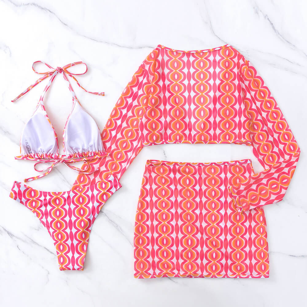 Boho Wavy High Cut Slide Triangle Brazilian Four Piece Bikini Swimsuit-yoyobikini