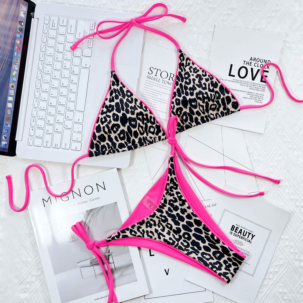Bold String Leopard Print Slide Triangle Brazilian Two Piece Bikini Sw ...