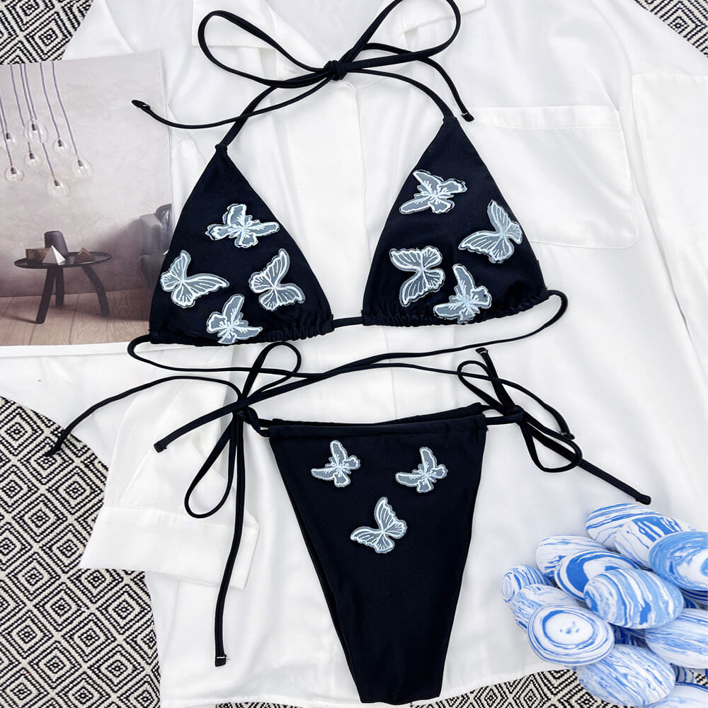 Butterfly Embroidered String Slide Triangle Brazilian Two Piece Bikini Swimsuit-yoyobikini