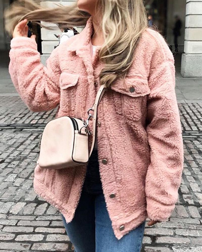 Faux Fur Flap Pocket Button Up Coat-yoyobikini