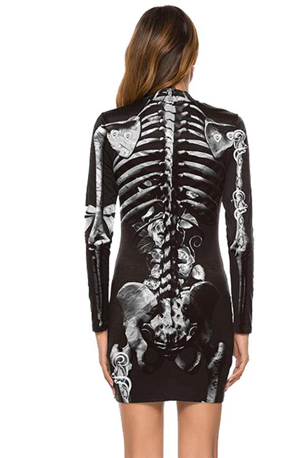 Rose Skeleton Print Halloween Costume Dress Gray