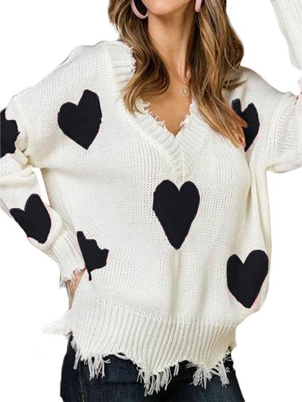 V Neck Sweater Heart Print Sweaters For Women