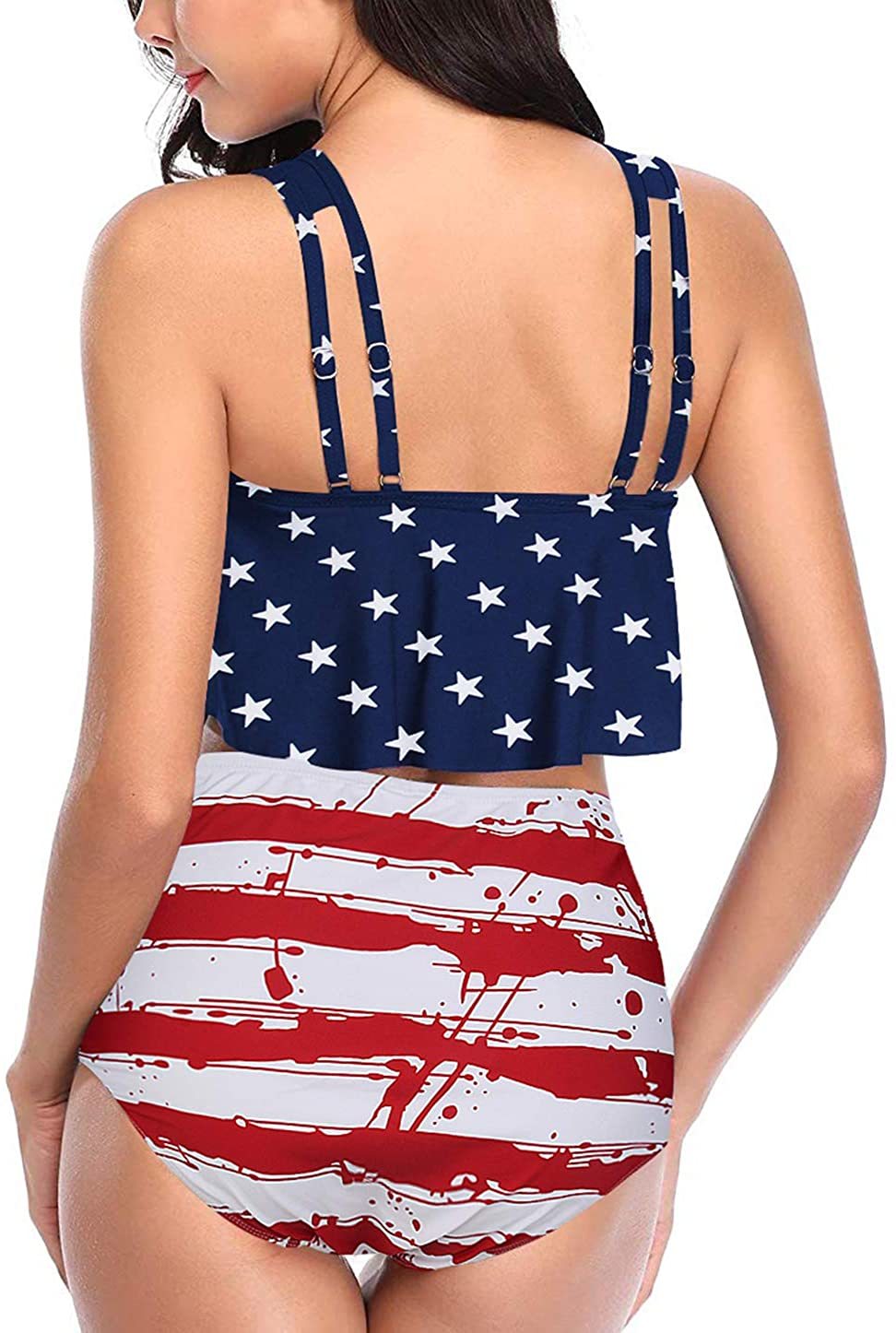 Ruffled Overlay American Flag High Waisted Tankini-yoyobikini